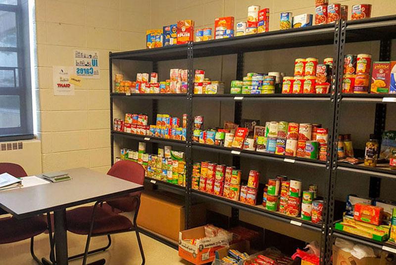 Cans and boxes of food on shelves